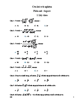 Câu hỏi trắc nghiệm Giải tích 12 - Phần mũ, lôgarit